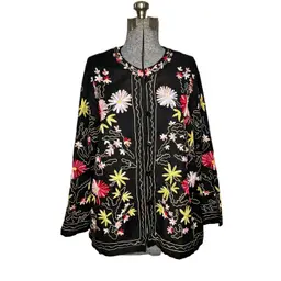 The Vermont Country Store Floral Embroidered Rayon Blend Cardigan Jacket