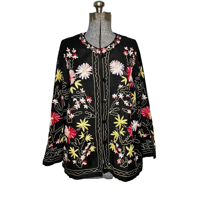 The Vermont Country Store Floral Embroidered Rayon Blend Cardigan Jacket