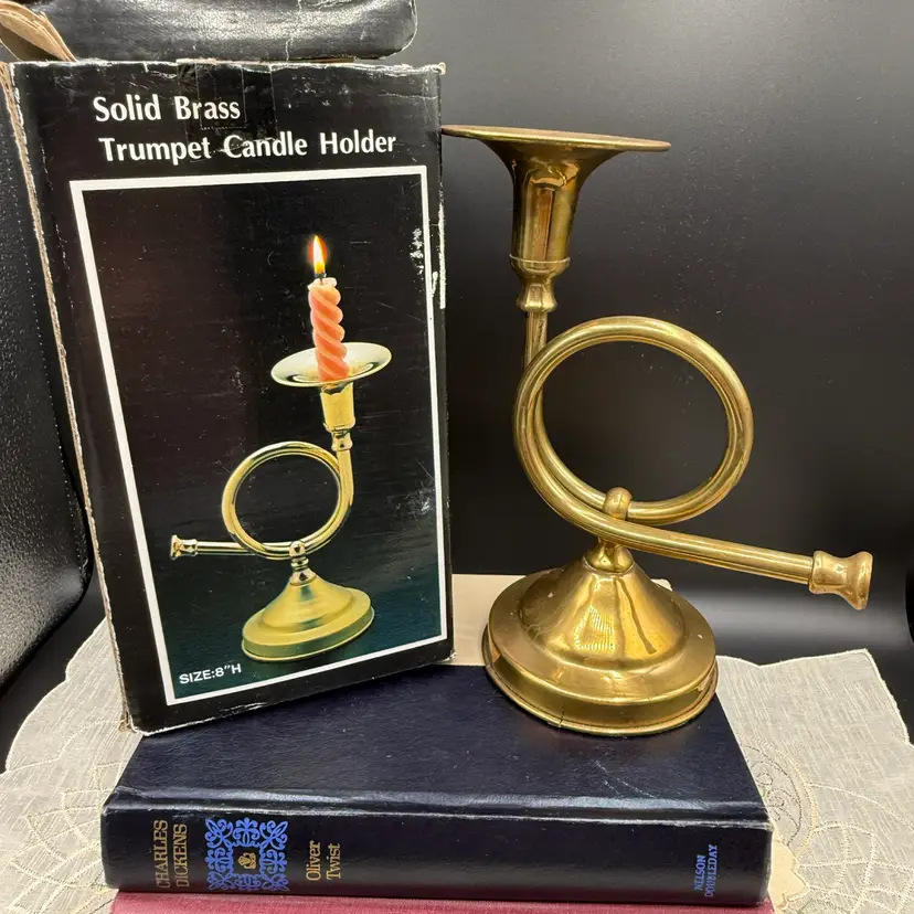 🐞Vintage Brass French Horn Taper Candlestick Holder 8x5