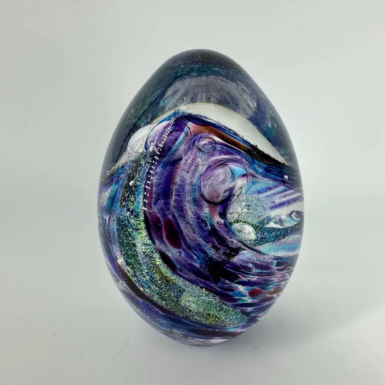 Shawn Messenger Egg Shaped Purple Glitter Swirl Paperweight Signed