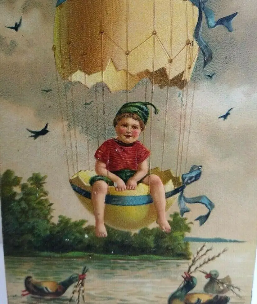 Easter Postcard Fantasy Hot Air Balloon Aircraft Cracked Egg Child Germany  PFB