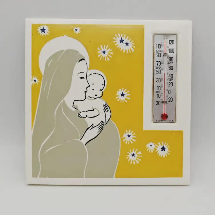 Vtg Thermometer Madonna & Child Square Tile Kemper-Thomas Co Pop Art READ