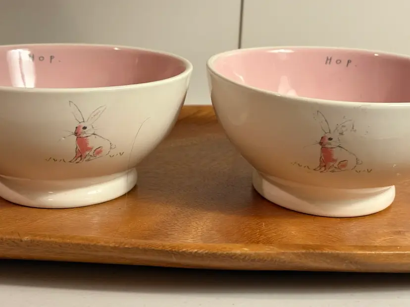 Rae Dunn - Two Bunny Hop Soup Cereal Bowls White Ceramic Pink Inside New Magenta