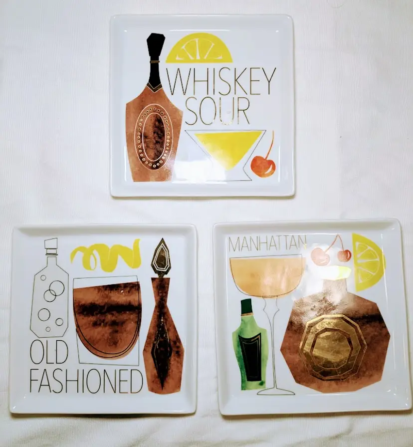 Crate and Barrel Square Cocktail Plates with Drink Recipes on Back - set of 3
