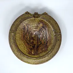 Rustic Stoneware Ashtray: 1970s Signed Studio Pottery, Earth Tone 10-Inch  (0238-25)