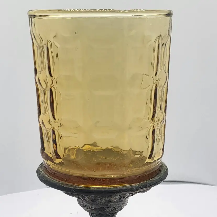 Vintage Amber Glass Candle Holder with metal base beautiful patina 6"