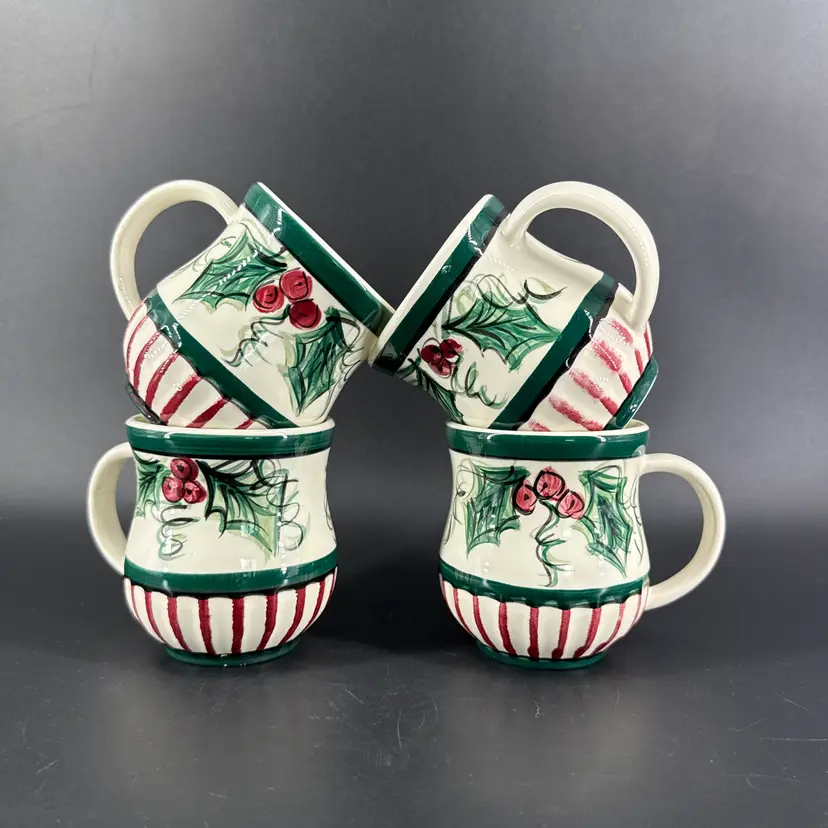 Vtg Gail Pittman Hollylujah Lot 4 Coffee Mugs Christmas Pristine Hand Painted