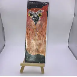 Signed by Artist! Night Owl Hand Painted Miniature Artwork 2 1/2" wide by just over 7 1/4" tall! Owl. Includes a mini art easel for display!