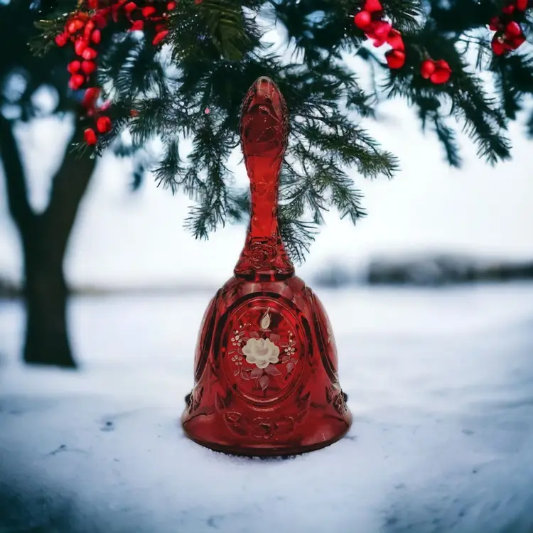 #01 Fenton Ruby Red Glass White Roses Hand Painted on Embossed Rose Medallion Bell