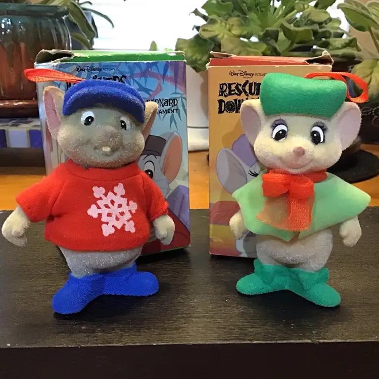 Disney McDonald’s 1980’s Rescuers Down Under Bernard & Miss Bianca Christmas Ornaments Flocked