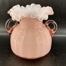Vintage Fenton Pink Cased Glass Vase Crimped Edge Double Handle