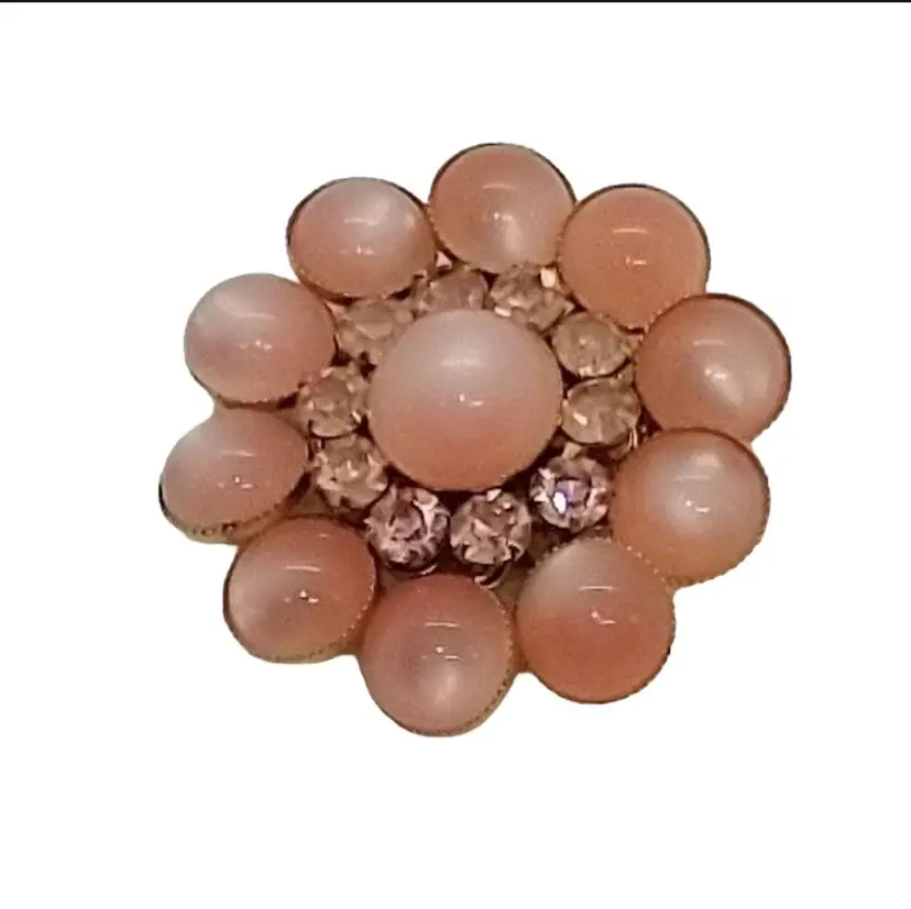 Vintage Judy Lee Brooch Pink Moonglow and Round Rhinestones Gold Tone Setting