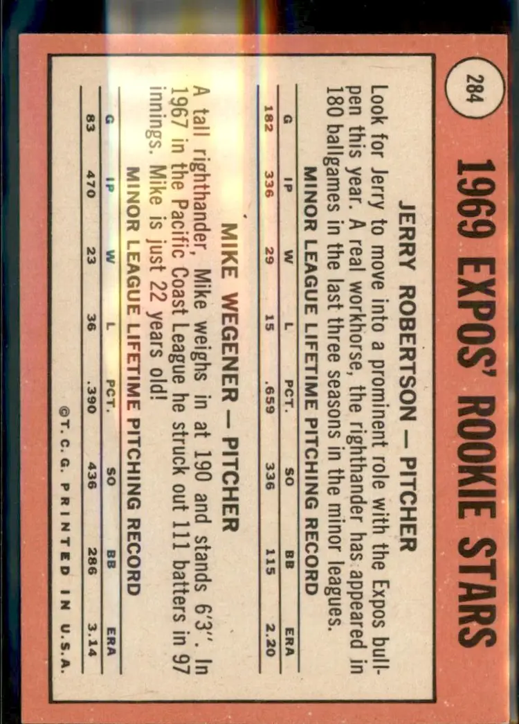 1969 Topps #284 Expos 1969 Rookie Stars (Robertson / Wegener) RC - ( pk3 ) - Montreal Expos