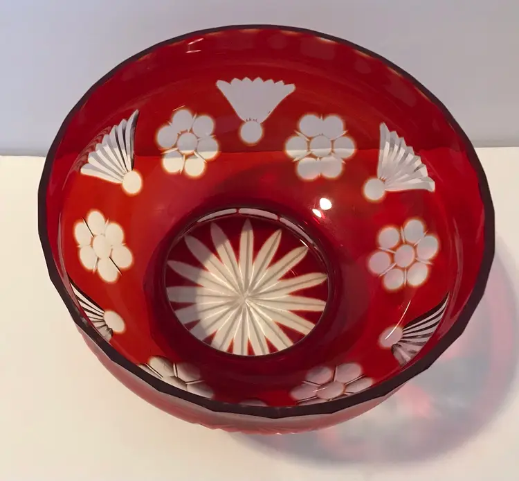 USSR Bohemian Ruby Red Orange Cut to Clear Cased 8" Footed Bowl Flowers Fans