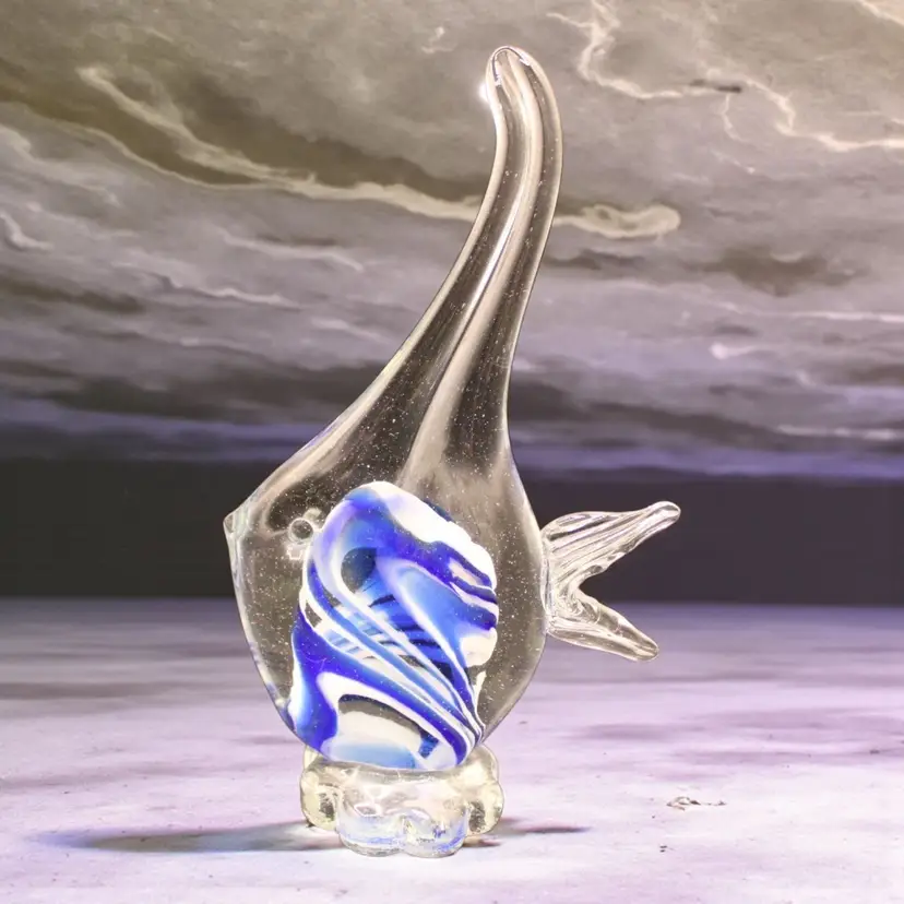 Cased Blue White Swirl Art Glass Angel Fish 8 1/2” Tall