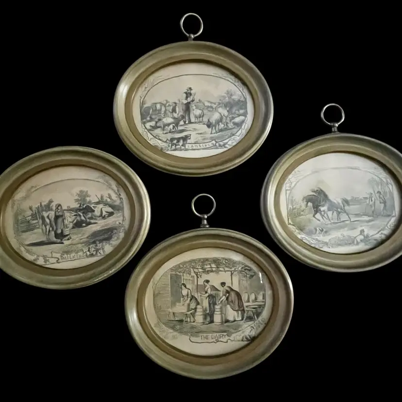 4 (Set) George Cole Farm Lithograph Set Prints - Composite Frames - "The Dairy," "Milking," "Lambing," & "Plowing" 6.75” W, 7.5” Tall With Hanger