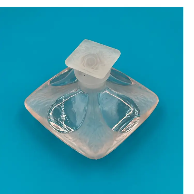 Vintage Pink Glass Square Art Nouveau Style, Frosted Perfume Bottle Floral Design