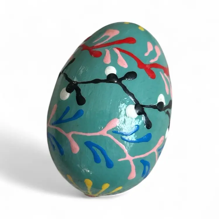 Hand Painted Pisanka Teal And Multicolor Wooden Egg