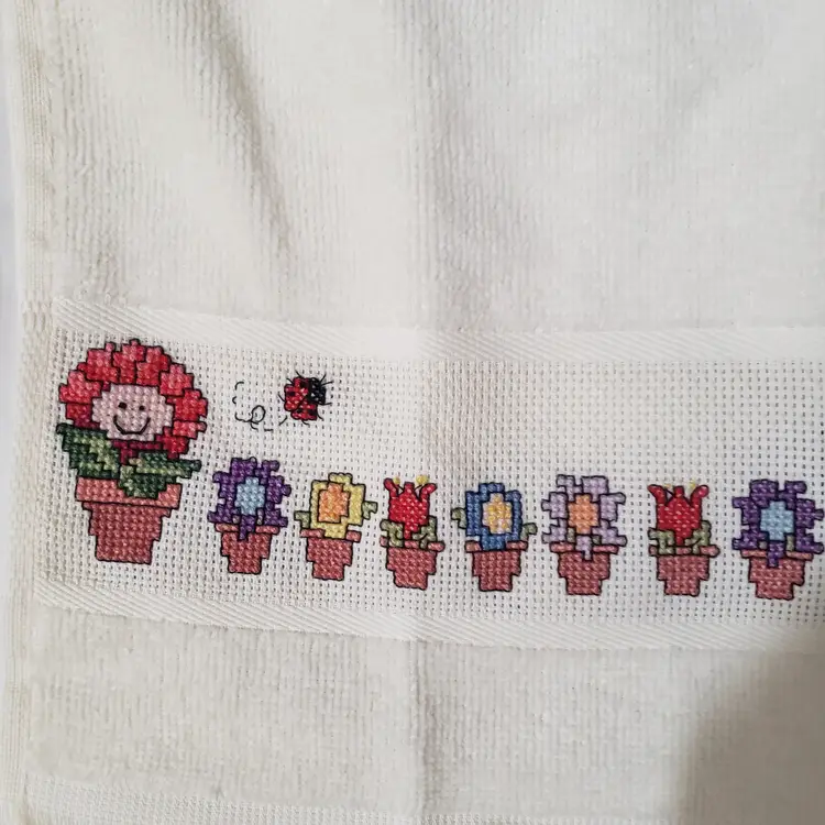 New Cross-stitched Flowers and Insects on Ivory Velour Toddler Bib