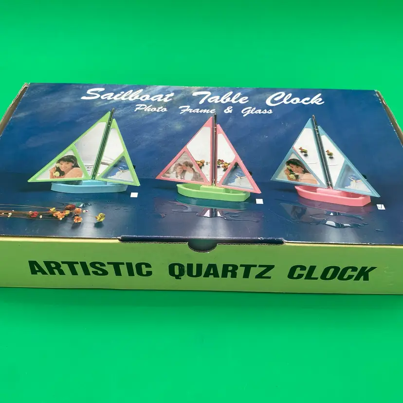 Retro 1980's Sailboat Table Clock, Photo Frame & Mirror - Pink & Blue - NOS