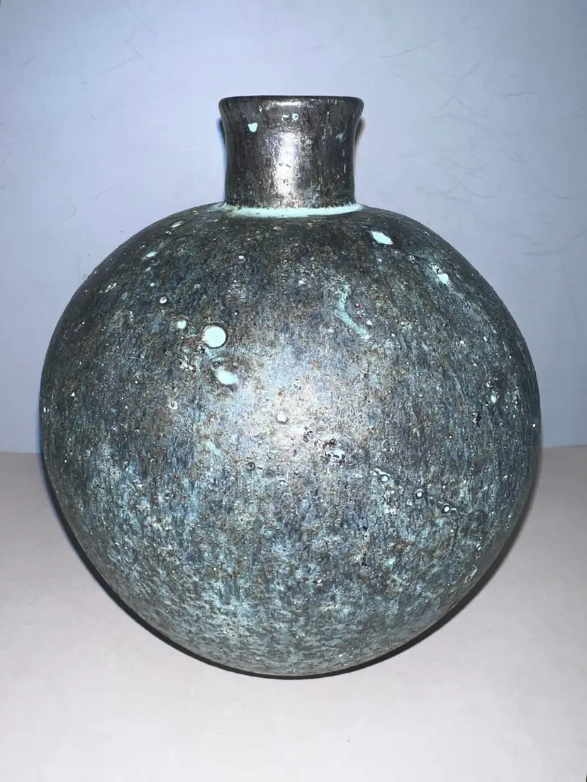Hand Blown Artist Signed “Brod” Lava Glaze Blue And Black 8”