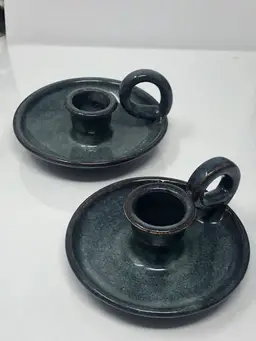 StuArt Pottery Blue Speckle Glaze Finger Loop Candlestick Holders 1999