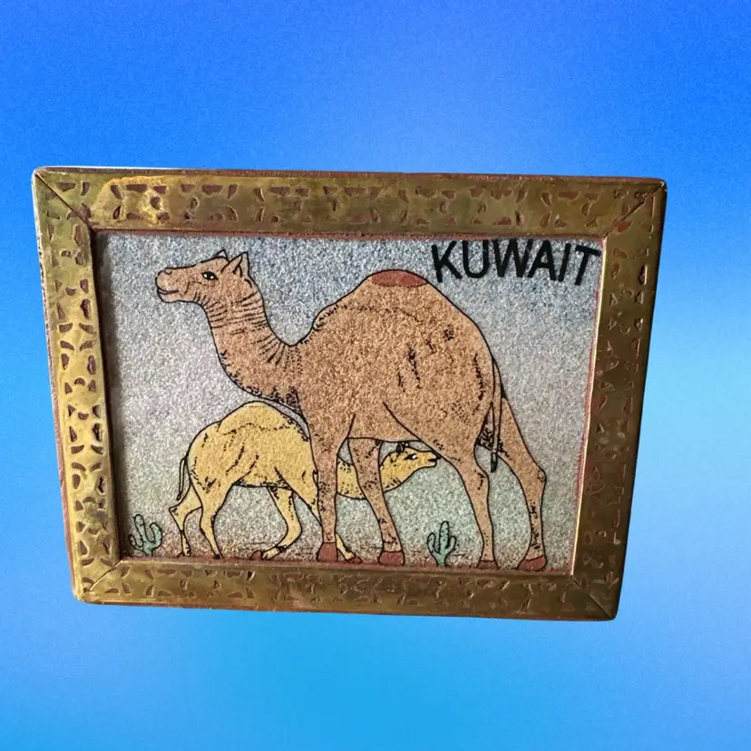 Vtg Gem Stone Painting Brass Embossed Wooden Box, Camel Art, Handmade Box Kuwait