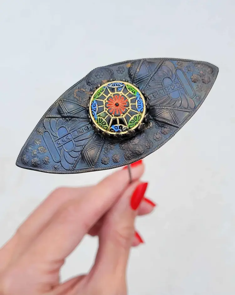 Antique Victorian Arts & Crafts Floral Handpainted Copper Pin Hatpin 11"