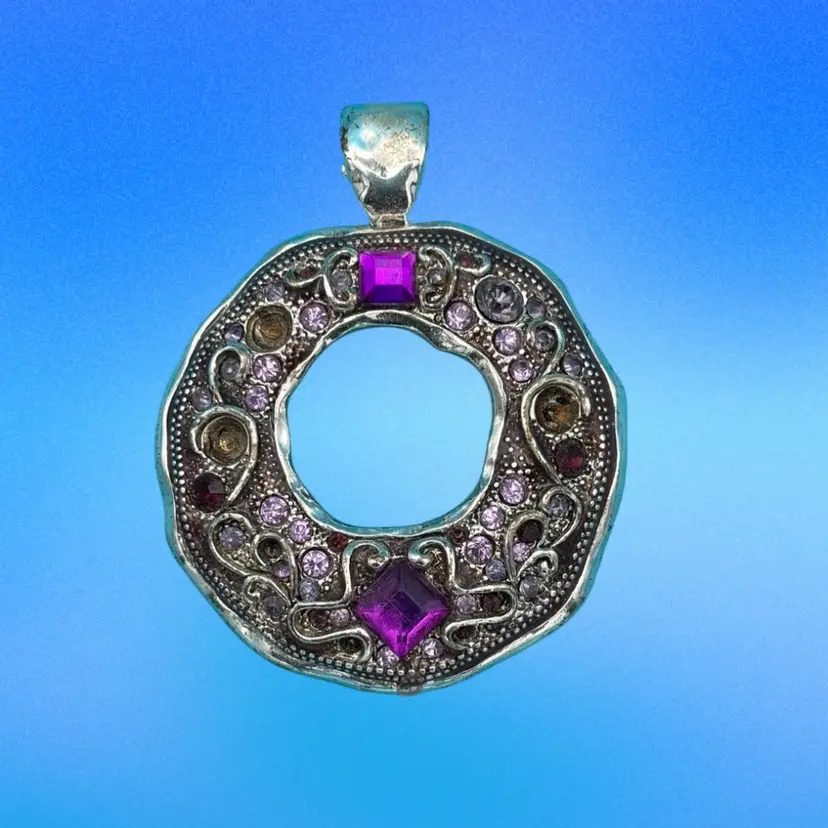 Vintage Boho Silver-Tone Circular Pendant with Purple & Multi-Color Rhinestones