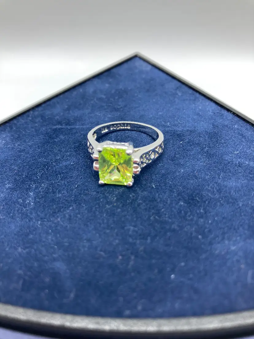 Lia Sophia Appletini Emerald Cut Faux Peridot Green Ring Silver Tone Finish
