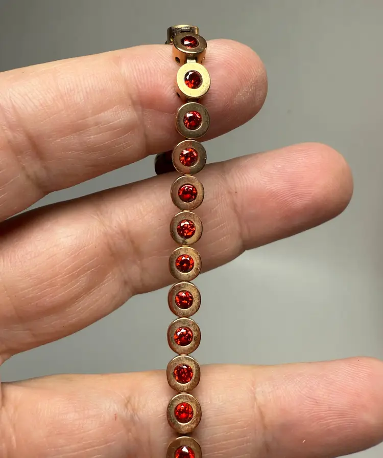 Rustic Cuff 7" Brass Copper Rose Gold Tone Link Bracelet Bezel Set Red Rhinestones