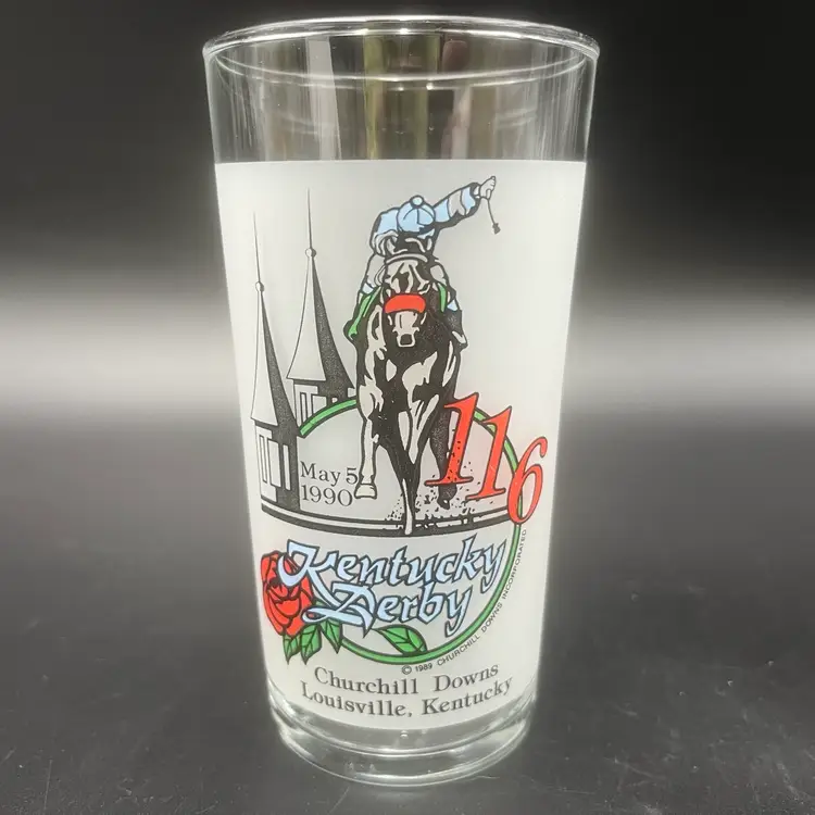 1990 116th Kentucky Derby Official Souvenir Frosted Glass Churchill Downs Run For The Roses Jockey Club
