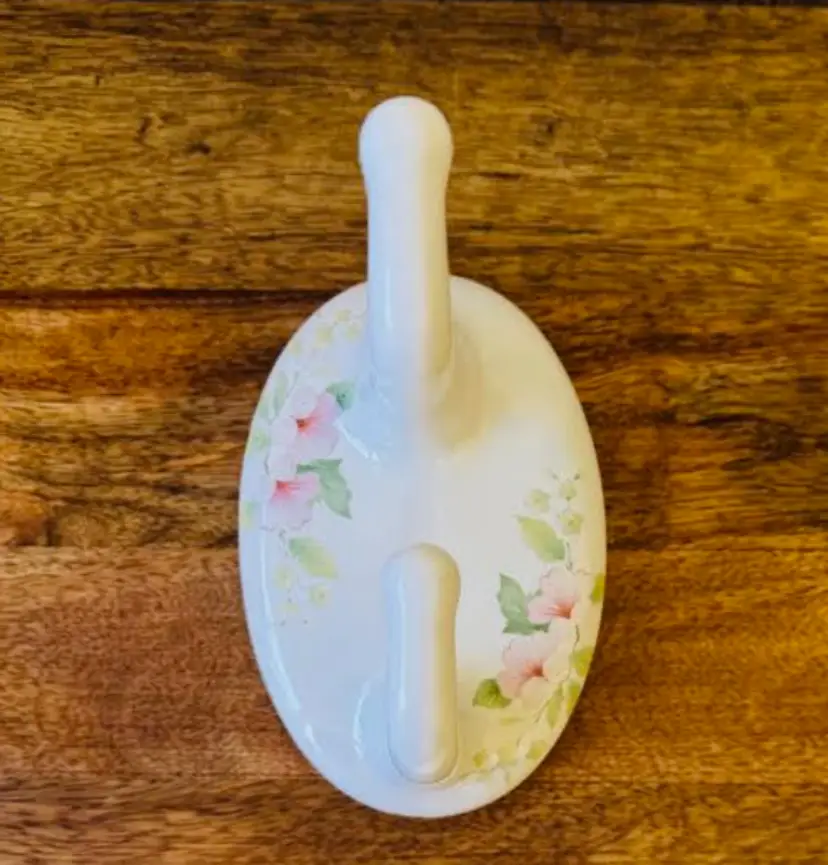 Vintage Double Wall Hook White Ceramic & Floral Print 5" Long × 4" Wide