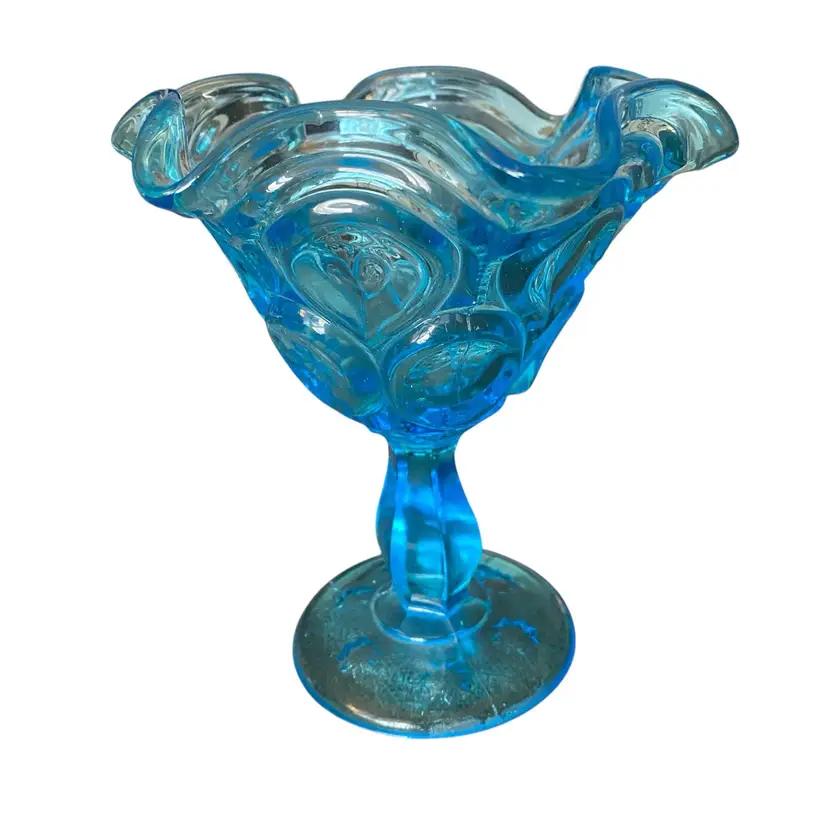 Vintage Aqua Blue Glass Pedestal Candy Dish Wavy Edge With Stars