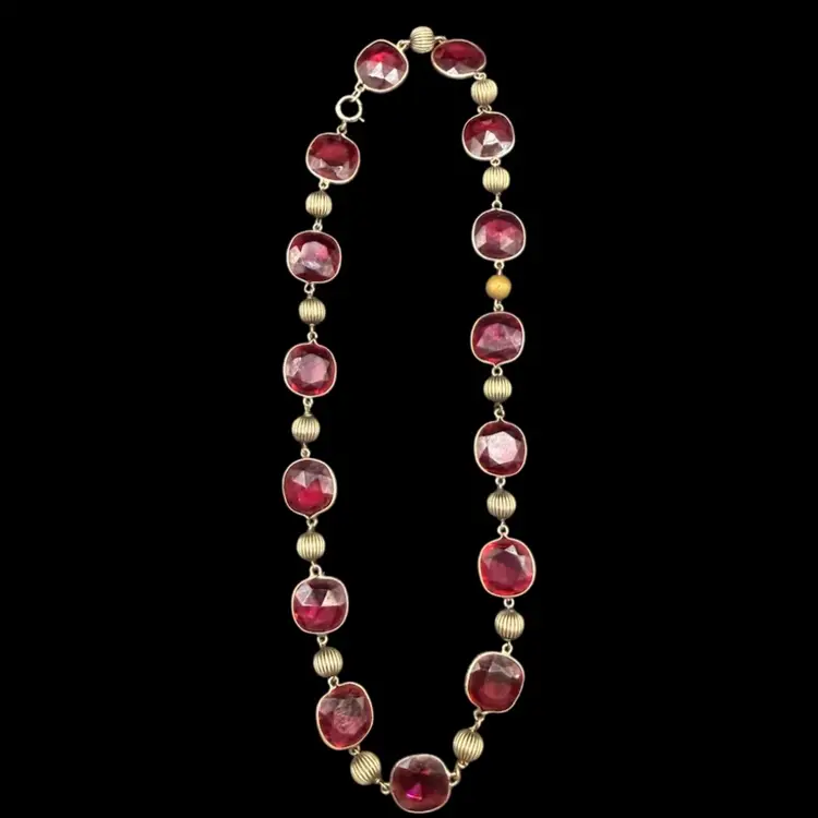 vintage gold-tone necklace with large red faceted Glass Necklace