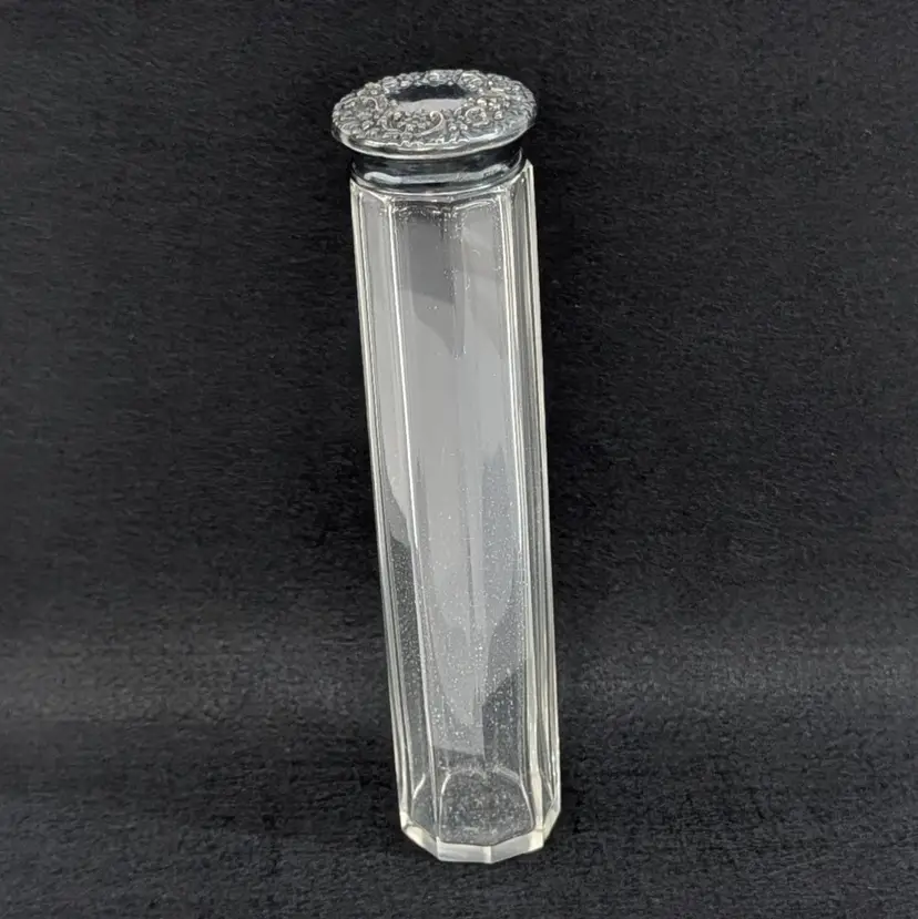 Antique Tall Vanity Glass Jar Art Nouveau Sterling Repoussé Lid Train Case 7"