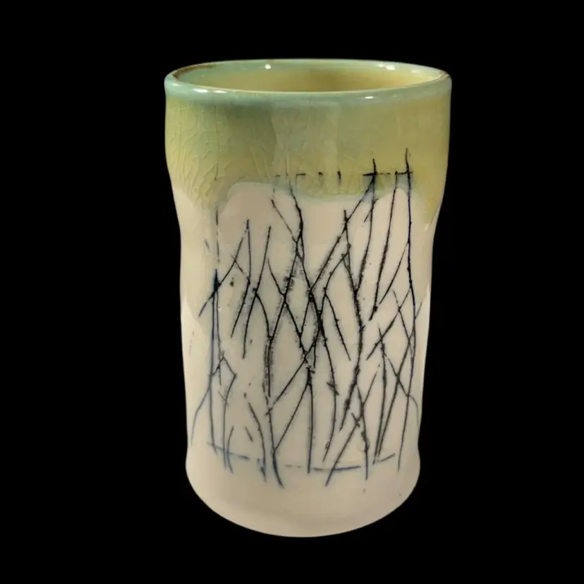Ceramic Cylinder Vase Vessel Green Crackle Glaze Sgraffito Branch Design Signed Handmade | 5”