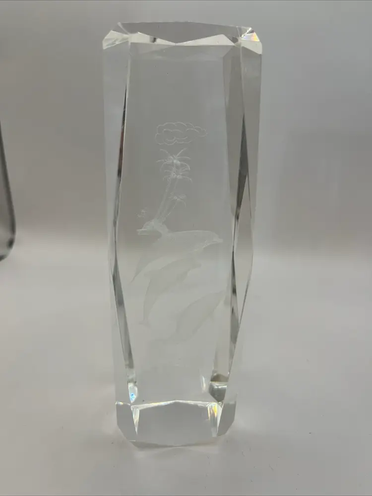 3-D Hologram Laser Cut Etched Crystal Glass Paperweight - Under Sea Dolphins