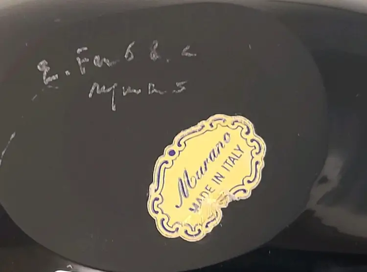 Murano Black Art Glass Paperweight With 2 Millefiori Flowers Sticker And Signed