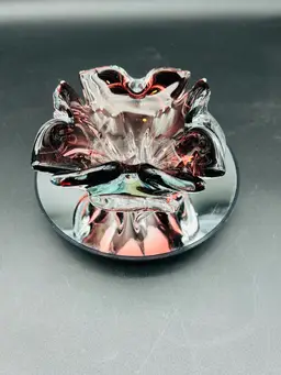 Murano J.I. Co. Italy Glass Ruffled Bowl Ashtray Dish Label Cranberry Clear