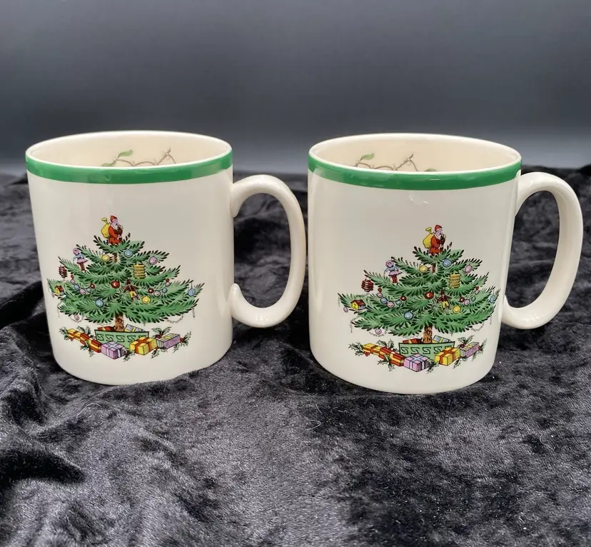 2 - Vintage ('00) Spode Christmas Tree Mugs, Made in England, 9 oz., Tom & Jerry