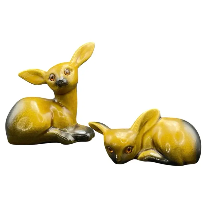 Roselane Pottery Deer Doe Fawn Figurines with Glass Eyes Set of 2 MCM Vintage