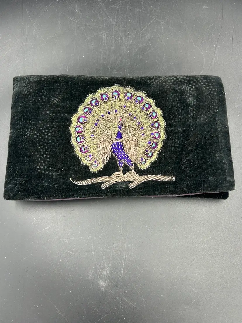 Vintage Indian Zardosi Embroidered Peacock Clutch Purse, Velvet Designs On Both Side Sides