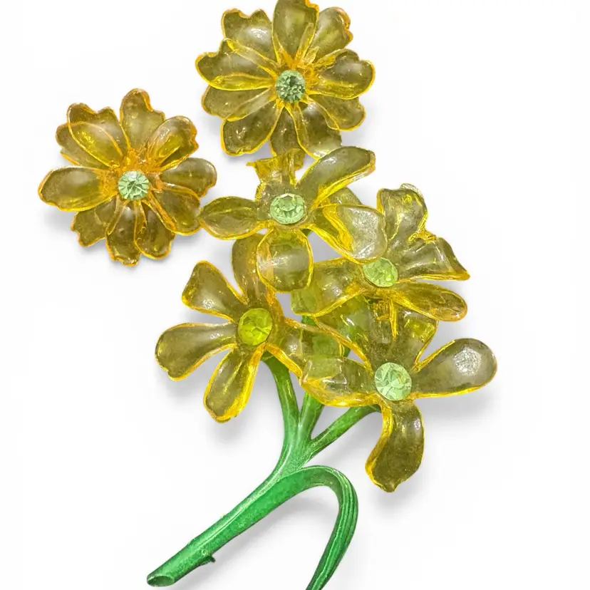 Vintage Uranium Cellulose Acetate Floral Brooch And Clip On Earring Set READ
