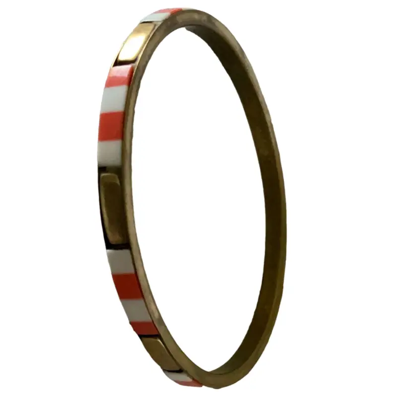 Vintage Bracelet Bangle Gold Tone With Coral White And Gold Tone Inlay Stripes Finish 