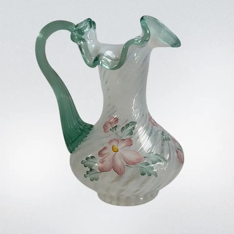 Fenton 8” Meadow Beauty Pitcher Opalescent Swirl Mist Green Ruffle Rim Signed Robinson