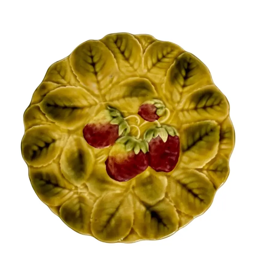 Vintage Sarreguemines France Majolica Pottery Strawberry Plate Yellow Plate Green Leaves & Strawberries W/UV Glow
