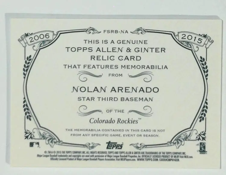 2015 Topps FSRB-NA Allen & Ginter Nolan Arenado Colorado Rockies Game Used 2 Color Relic Baseball