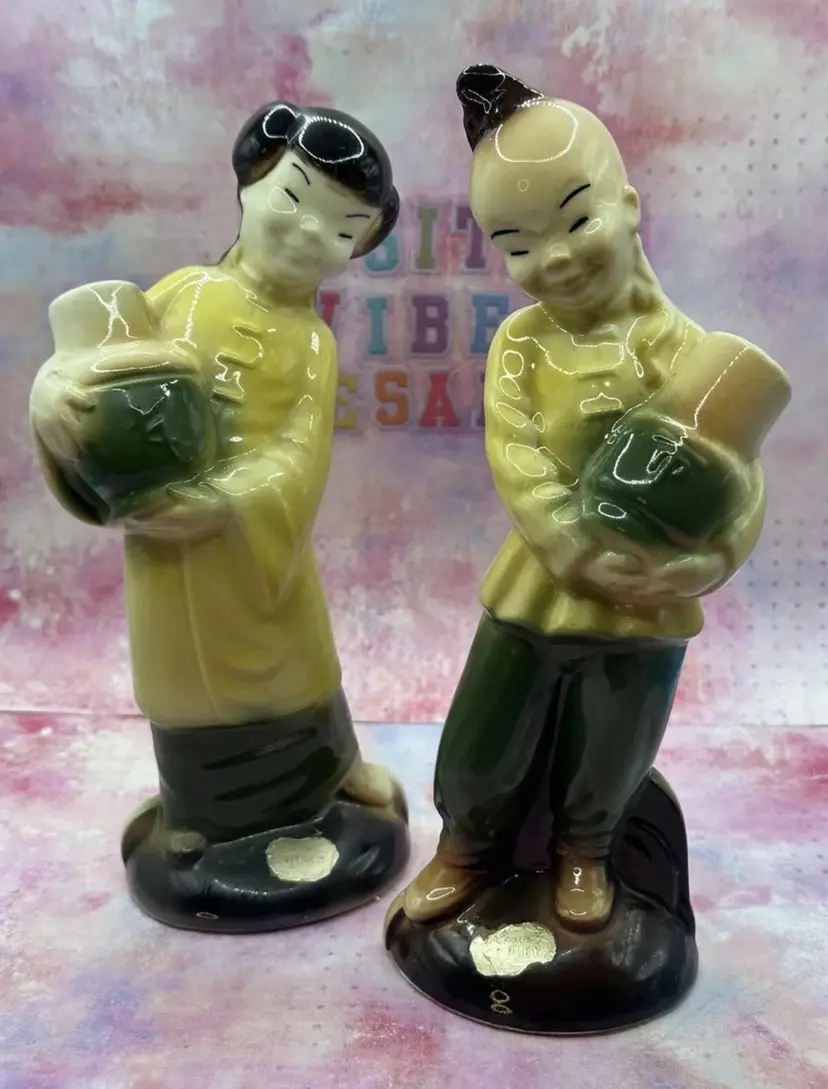 Royal Copley Ceramic Figurines Man and Women Holding A Jar