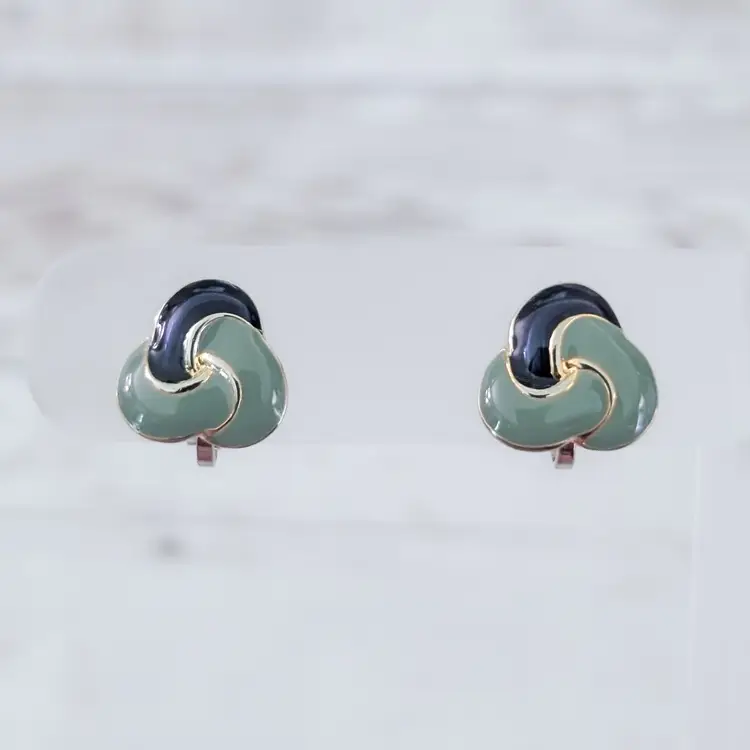 Vintage Clip On Earrings 0.25" Dainty Muted Green & Dark Blue Classy